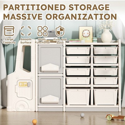 Kids Toys Storage Organizer With 10 Bins 2 Cabinets 3 Shelves Multipurpose Toys Books Storage Cabinet For Boys Girls