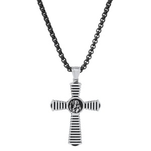 Steeltime 24" Men's two tone stainless steel St. Benedict cross pendant. Color Options: Silver, Gold - 1 of 4
