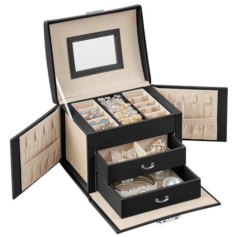 SONGMICS 3-Tier Jewelry Box Travel Jewelry Case with Handle 2 Drawers Lockable Jewelry Storage Organizer with Mirror, 1 of 7