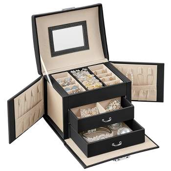 SONGMICS 3-Tier Jewelry Box Travel Jewelry Case with Handle 2 Drawers Lockable Jewelry Storage Organizer with Mirror