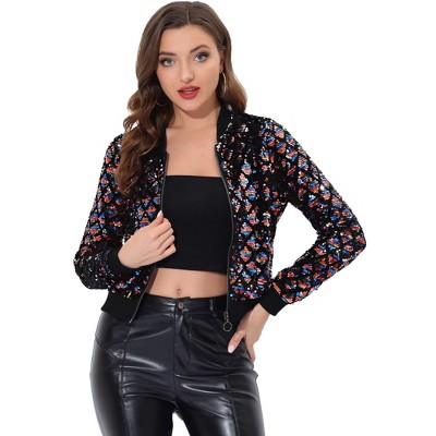 INSPIRE CHIC Women's Sequin Long Sleeve Zipper Up Glitter Bomber Jacket
