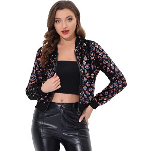 INSPIRE CHIC Women's Sequin Long Sleeve Zipper Up Glitter Bomber Jacket - 1 of 4