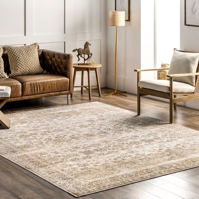 Ivory Floral Round Washable Stain-Resistant Area Rug