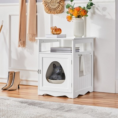 White Wooden Cat Litter Box Enclosure with Open Shelf