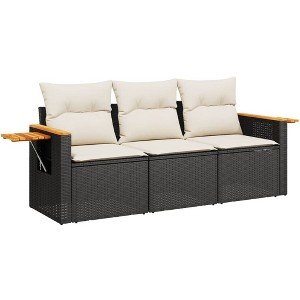 vidaXL 3 Piece Patio Sofa Set with Cushions Black Poly Rattan - Black and Cream - 1 of 4