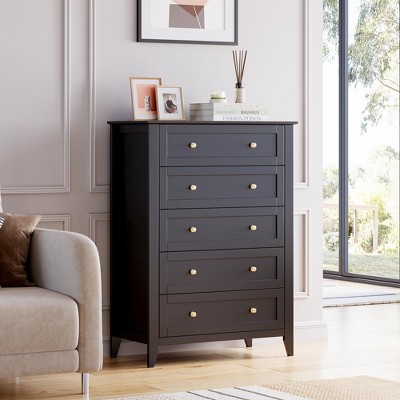 Black 5 Drawer Dresser for Bedroom, 5 Chest of Drawers, Modern Nightstand Wooden Tall Dresser Cabinet for Closet Living Room, Hallway, Entryway