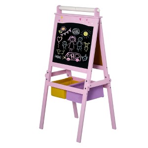 Qaba 3 In 1 Kids Wooden Art Easel with Paper Roll Double-Sided Chalkboard & Whiteboard with Storage Baskets Gift for Toddler Girl Age 3 Years+ Pink - 1 of 4
