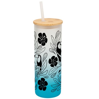 Elanze Designs Tropical Tucan Bird Flower Garden Wrap-Around Design 25 Ounce Frosted Gradient Glass On-The-Go Coffee Travel Skinny Tumbler Mug Cup,