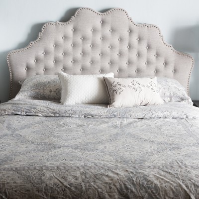 Greyish Beige Tufted Upholstered Queen Headboard with Nailhead Trim