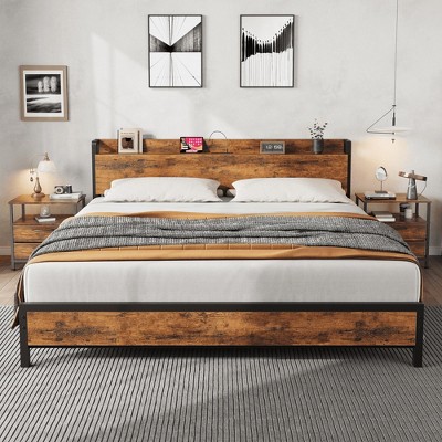 Full Size Bed Frame with Charging Station and USB Ports, Industrial Full Bed Platform with Headboard