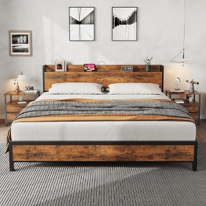 Full Size Bed Frame with Charging Station and USB Ports, Industrial Full Bed Platform with Headboard - 1 of 4