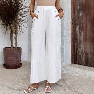 Coolmee Womens Elastic High Waisted Palazzo Pants Casual Wide Leg Long Lounge Pant Trousers with Button Pocket S White - 1 of 4