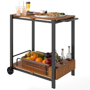 Acacia Wood Outdoor Bar Cart with Wheels, Rolling 2-Tier Coffee & Drink Cart with 3 Bottle Holders - 1 of 4