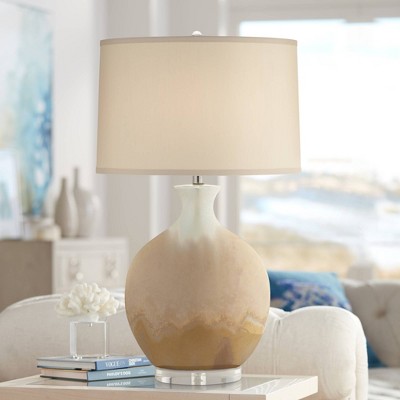 2 Glazed Ceramic Earthtone Brown/Gray Livingroom Home Decor Lamps w White Shades 