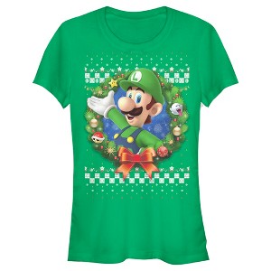 Juniors Womens Nintendo Christmas Luigi Wreath T-Shirt - 1 of 3