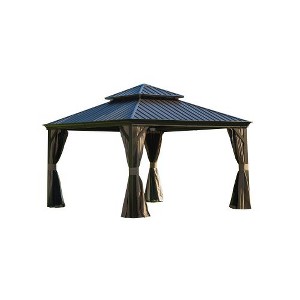 XIYUYEU Hardtop Gazebo, Outdoor Aluminum Frame Canopy with Galvanized Steel Double Roof, Outdoor Permanent Metal Pavilion with Curtains and Netting - 1 of 4
