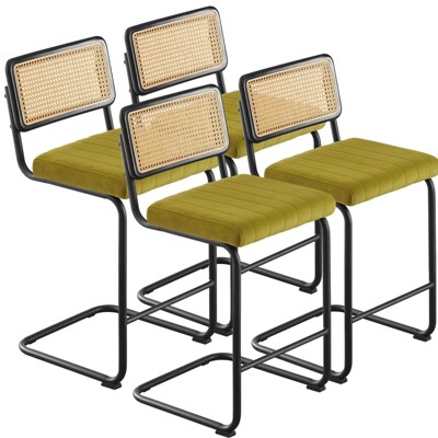 Bekrvio 26" Counter Height Bar Stools - Rattan, Velvet Upholstered with Cane Back & Metal Frame, Mid Century Modern Kitchen Stools for Counter Island