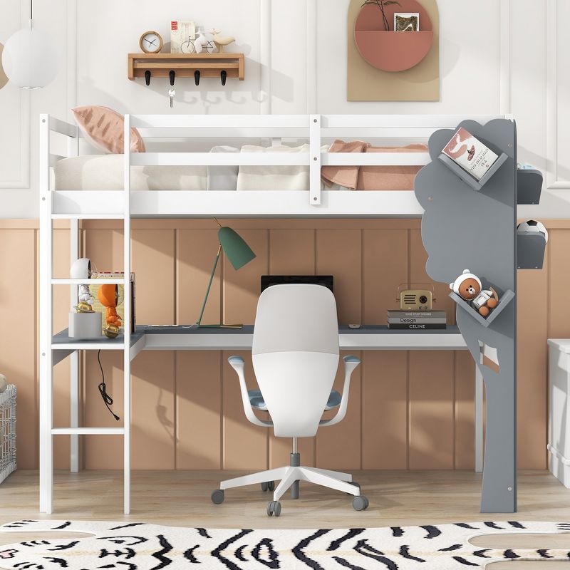 Twin Size Loft Bed with L-Shaped Desk, Tree-Shaped Bookcase and Charging Station, White + Gray - ModernLuxe, 3 of 12