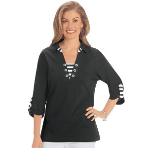 Collections Etc Soft Knit Stripe Trimmed Polo 3/4 Length Sleeve Top - 1 of 4