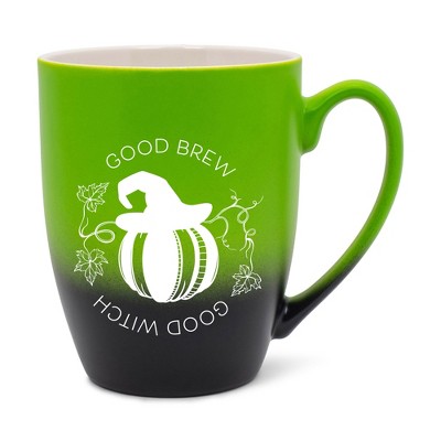 Elanze Designs Good Brew Good Witch Two Toned Ombre Matte Green and Black 12 ounce Ceramic Stoneware Coffee Cup Mug