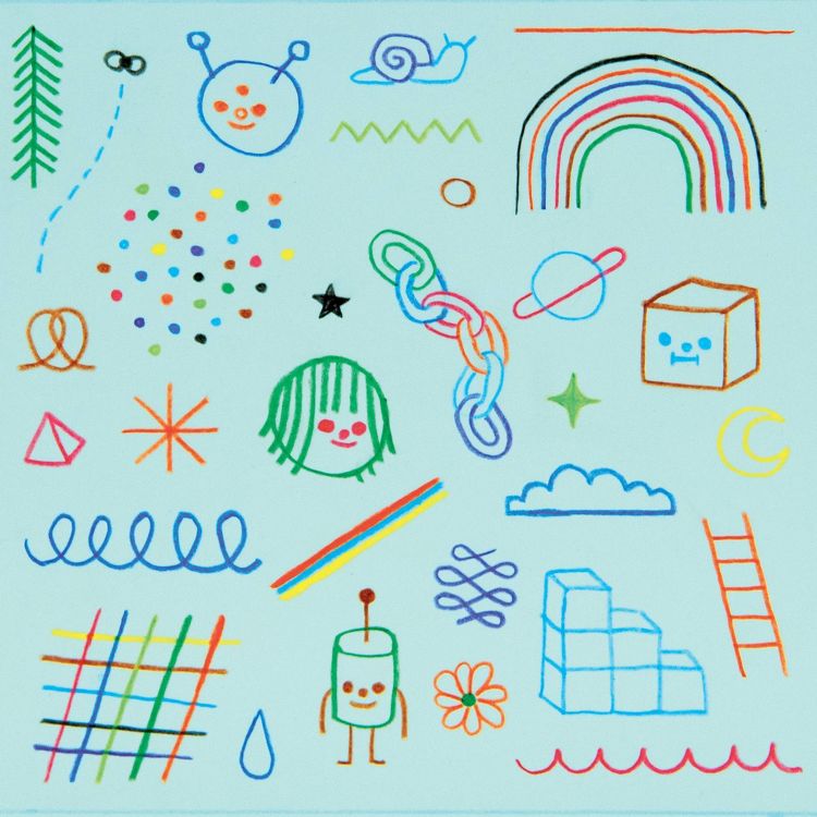 A collection of colorful doodles including a rainbow, smiley faces, a snail, a cube, a ladder, and various geometric shapes on a light blue background.
