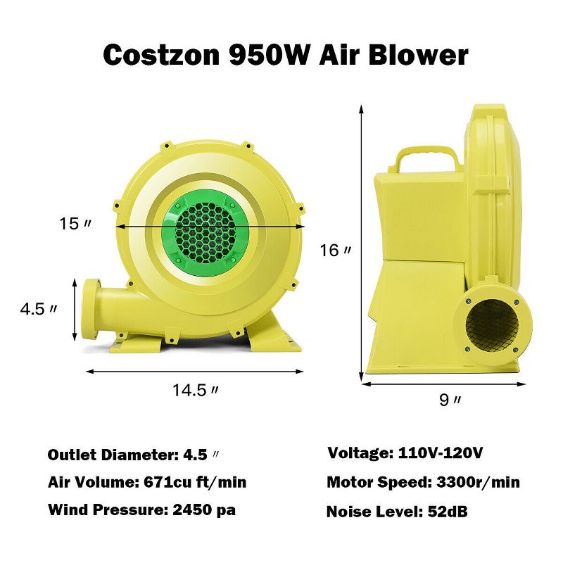 Costway Air Blower Pump Fan 950 Watt 1.25HP For Inflatable Bounce House Bouncy Castle, 2 of 11