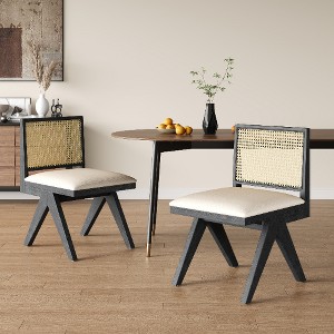 Lyngins Farmhouse Rattan Dining Chairs (Set of 2) – Solid Wood Kitchen Chair with Perforated Rattan, Living Room Armless Chair - 1 of 4