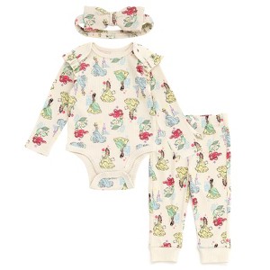 Disney Baby Girls Ribbed Bodysuit, Jogger Pants and Headband 3 Piece Outfit Set Newborn to Infant - 1 of 4