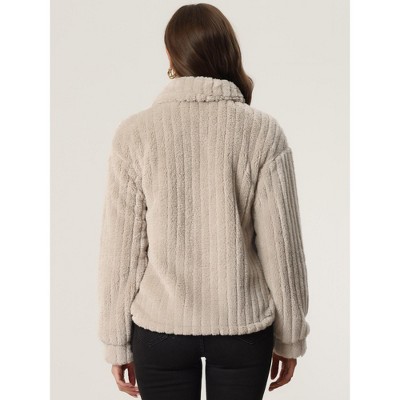 Allegra K Women's Fleece Winter Button Down Long Sleeve Soft Fuzzy Shaggy Teddy Jacket Large Khaki — фото 4