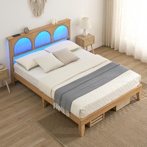 Rattan Bed Frame with Natural Rattan Headboard, Queen Bed Frame with LED Lights, Platform Bed Frame with Headboard, No Box Spring Needed - 1 of 4