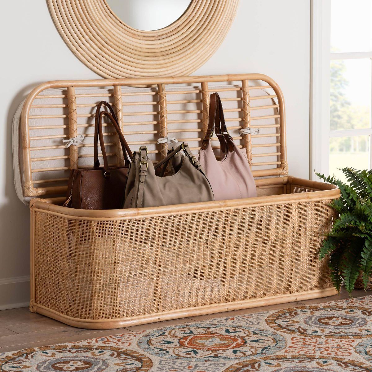 bali & pari Ishana Natural Rattan Storage Bench Natural/White: Upholstered Polyester, Plywood Frame, No Assembly Required - thumbnail 9