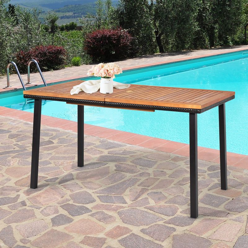 Costway 55'' Patio Rattan Dining Table Acacia Wood Table Top Umbrella Hole, 1 of 11