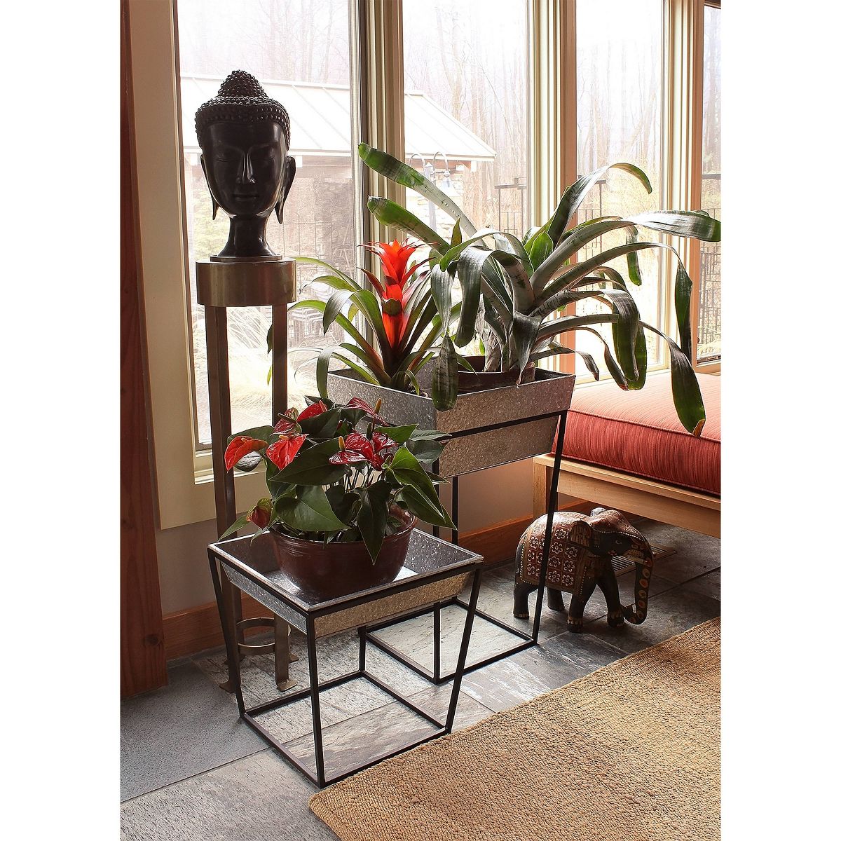 Indoor/Outdoor Arne Steel Plant Stand with Galvanized Tray Black Powder Coated Finish - Achla Designs: Freestanding Square Holder - thumbnail 5