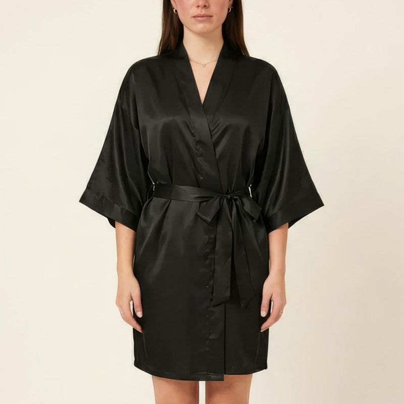 Anna-Kaci Lounge Women's Satin Wrap Robe with Self Tie Waist Belt Wide Sleeves and Smooth Lightweight Silky Finish - One Size Fits Most, Black