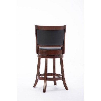 Cherry Wood Swivel Counter Stool with Black Leather Upholstery