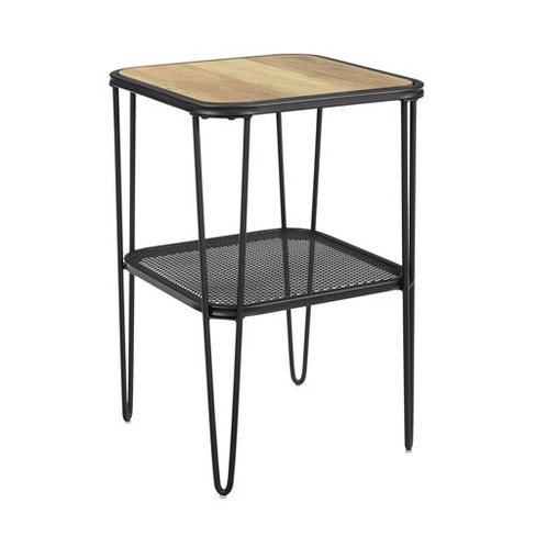 Industrial Hairpin Leg Side Table With Metal Mesh Shelf Rustic Oak