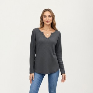 Anna-Kaci Women's Long Sleeve Waffle Knit Top with Notch V-Neckline and Relaxed Fit - 1 of 4