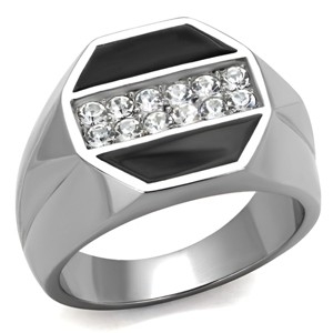 Slickblue Men's Octagon Top Ring, Stainless Steel with Clear Crystals and Black Enamel Detail, Sizes 8–14 - 1 of 4