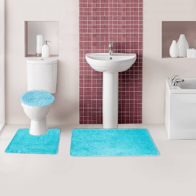 Turquoise Plush Polyester 3-Piece Bath Rug Set
