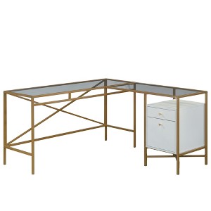 Engineered Wood and Metal L-Shaped H-Base Computer Desk with Drawers and Open Shelf - 1 of 4