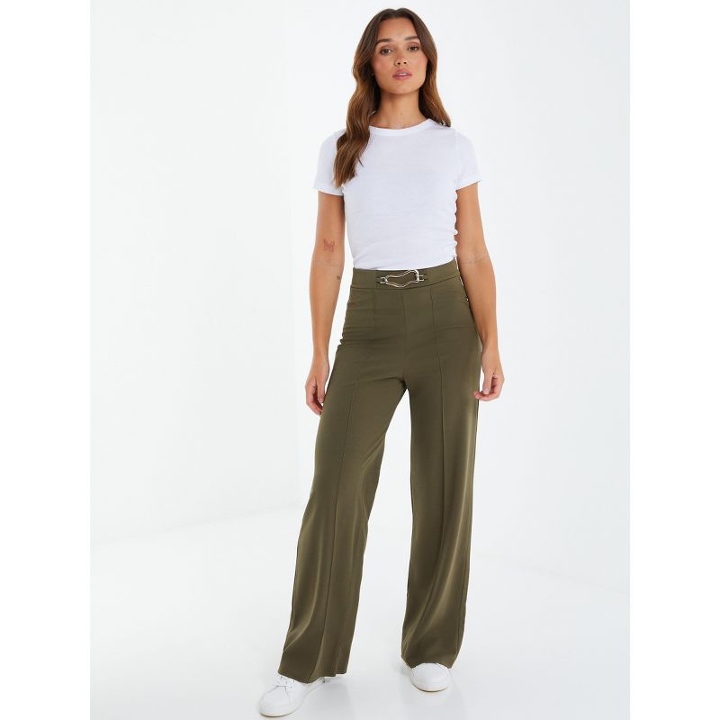 QUIZ Women's Olive Green Buckle Detail Palazzo Pant, 1 of 7