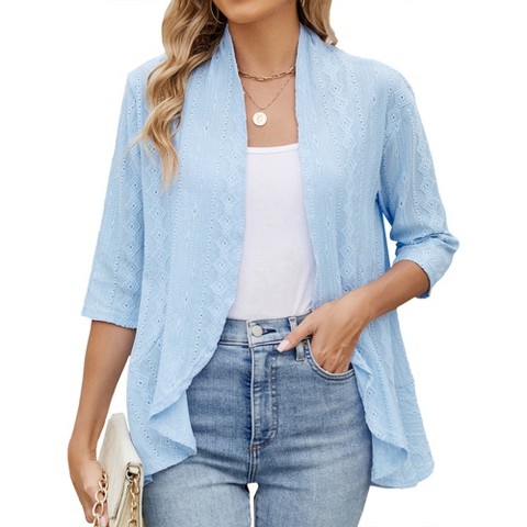 Женские кардиганы YesFashion Women's Eyelet Diamond Hollowed Out 3/4 Long Sleeve Ruffle Hem Open Front Summer Casual Cardigan Chic Layered Everyday Outerwear Shirt Top Blue M