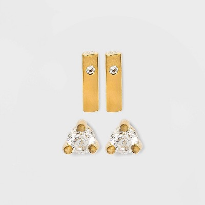 14K Gold Plated Cubic Zirconia and Bar Stud Duo Earrings - A New Day™