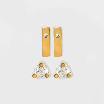 14K Gold Plated Cubic Zirconia and Bar Stud Duo Earring Set 2pc - A New Day™