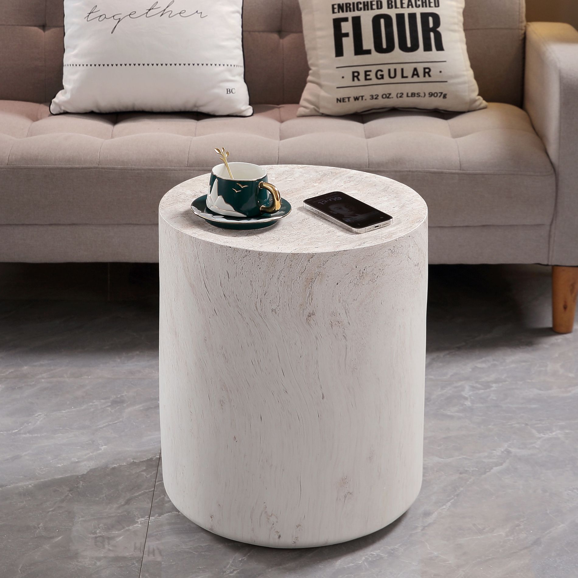 GDFStudio Salma Modern Lightweight Concrete Outdoor Round Side Table, Light Beige