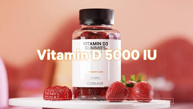 Codeage Vitamin D3 Gummies, 5000 IU, Strawberry Flavored Vitamin Supplement -  60ct, 2 of 7, play video