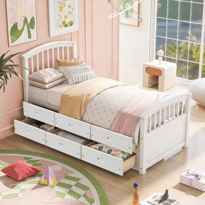 Twin Size Solid Pine Wood Platform Bed with 6 Storage Drawers, Modern and Vintage Compatible Design Bed for Bedroom-Baofuwish