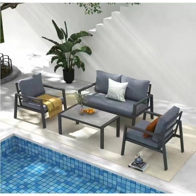 SKRAN 4-Piece Aluminum Outdoor Patio Furniture, Patio Conversation Sofa Set with Removable Cushions, Tempered Glass Top Coffee Table