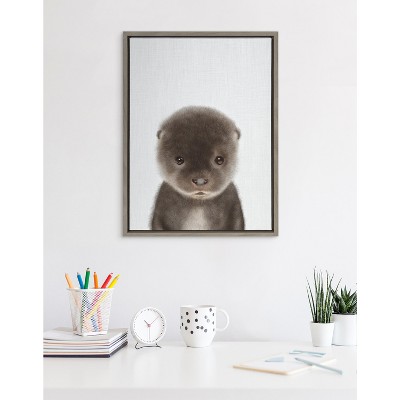 Gray Baby Otter Color Illustration Framed Canvas, 18x24
