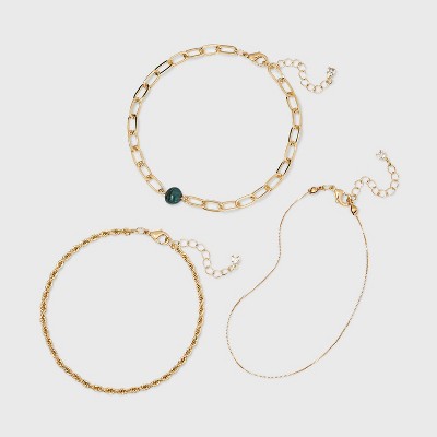 Glass Pearl Chain Anklet Set 3pc - A New Day™ Dark Green/Gold